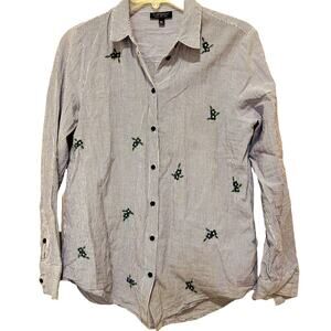 TopShop shirt Blue & White Striped Top Shop Embroidered button up floral Sz 4/S